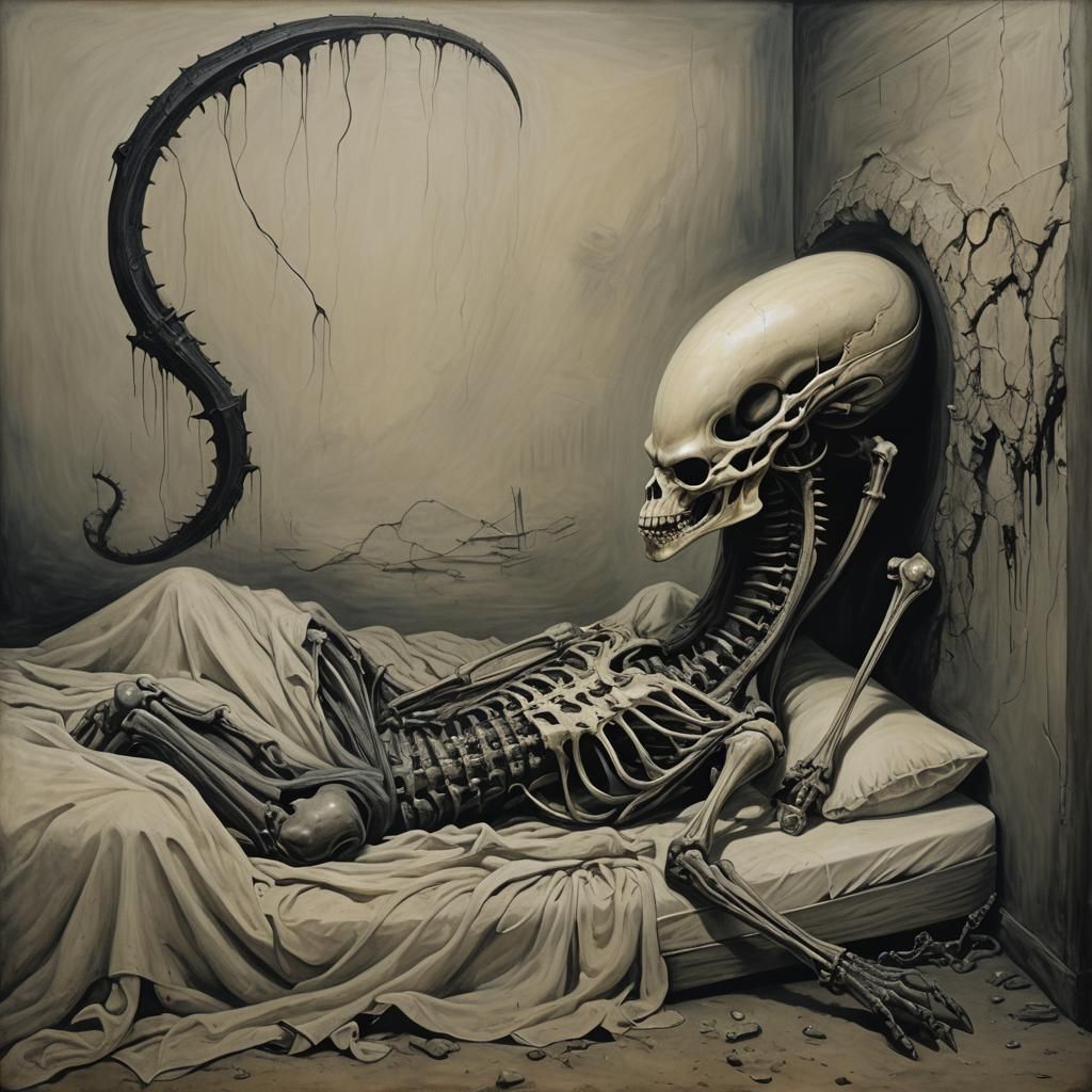 Nightmarish Dream: Skeletal Xenomorph in Surreal Art