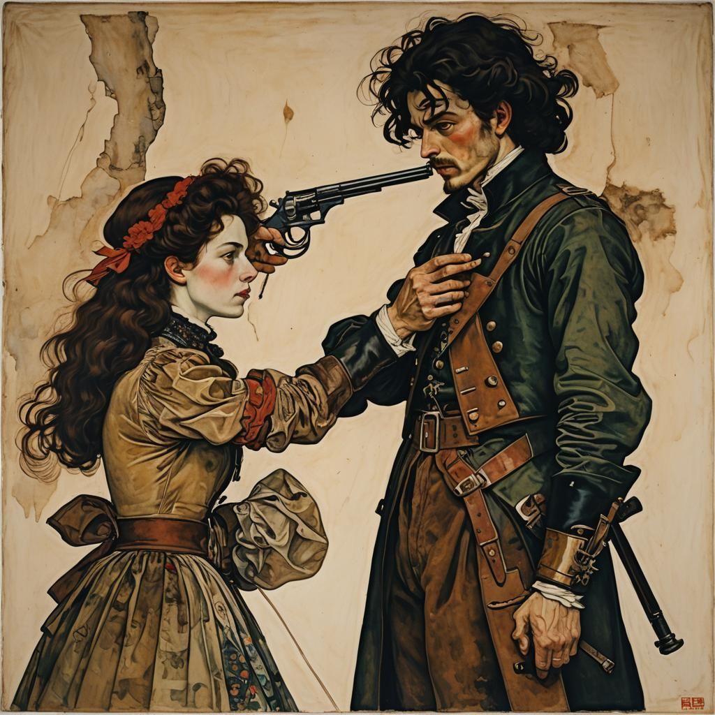 Musketeer Athos and Milady, Egon Schiele Style