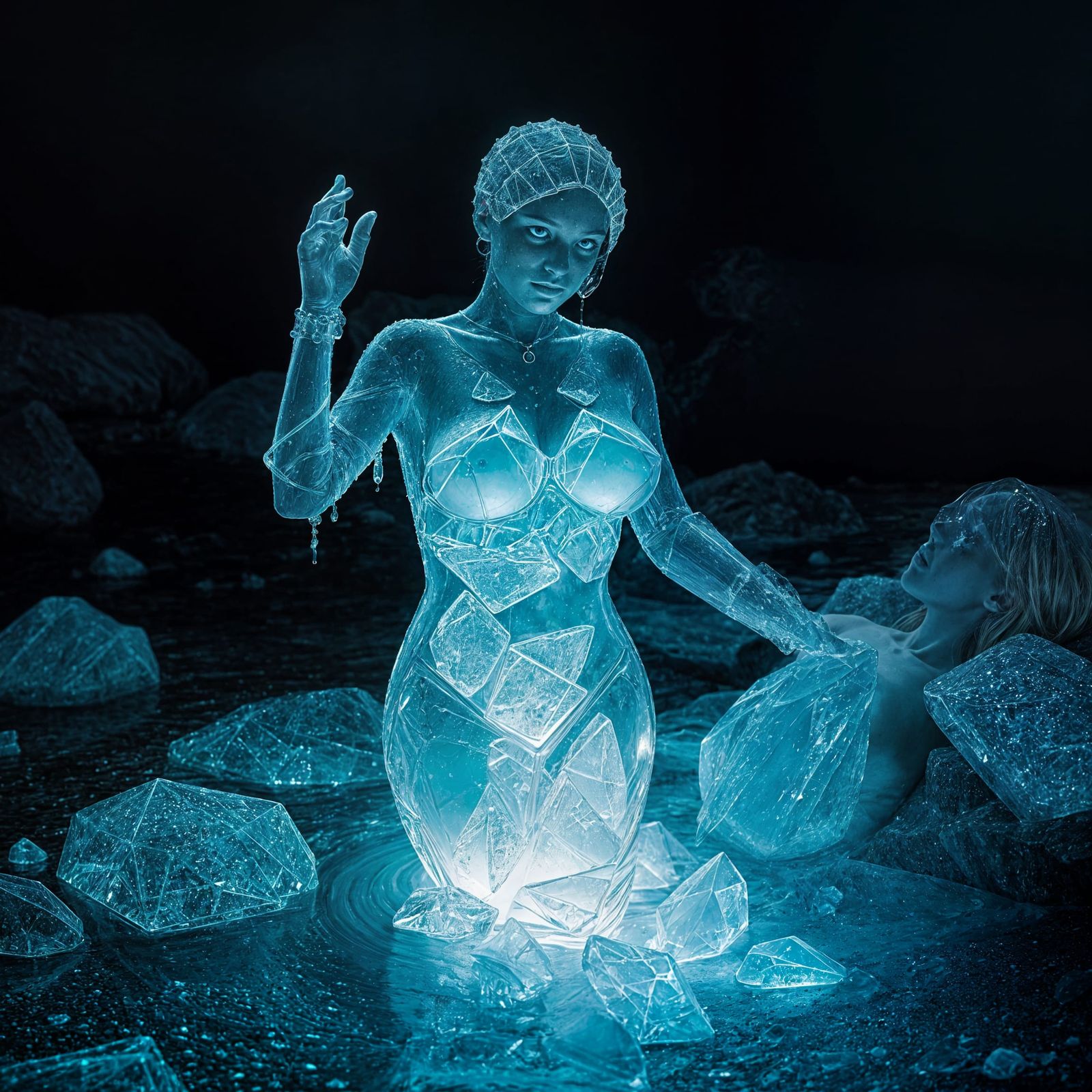 Crystalline Water Woman: A Spooky Night Sculpture