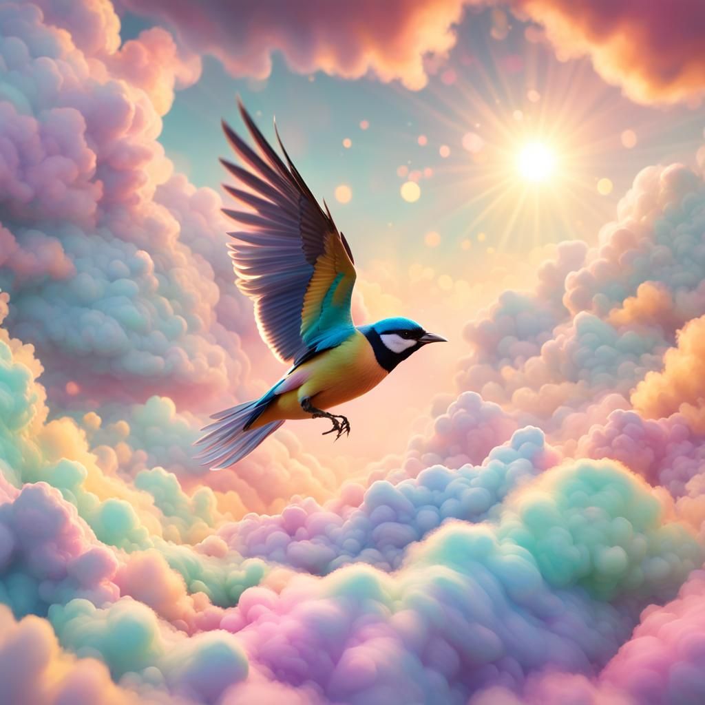 Bird Flying Through Colorful Surreal Clouds