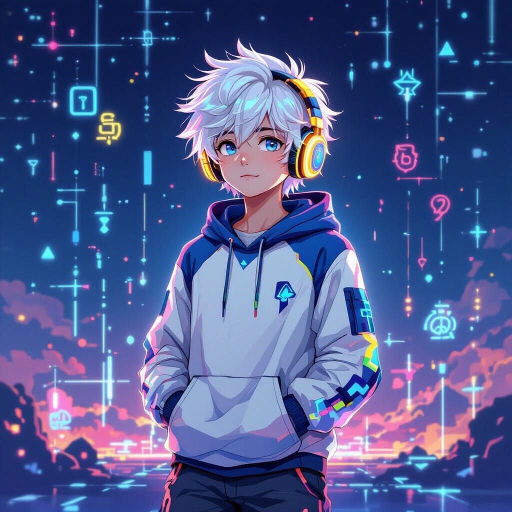 Anime Boy with Neon Hoodie in Futuristic Digital Art