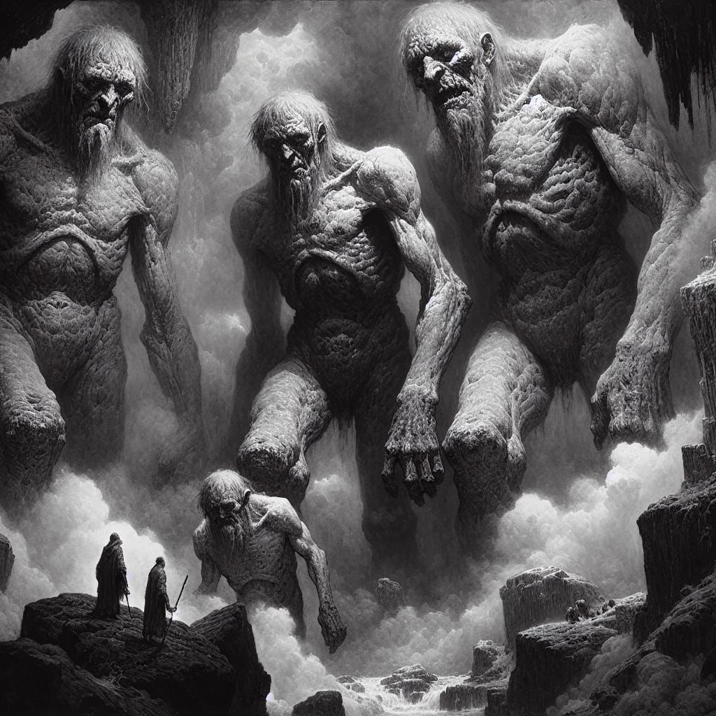 Giants Emerging from the Underworld in Doré Style