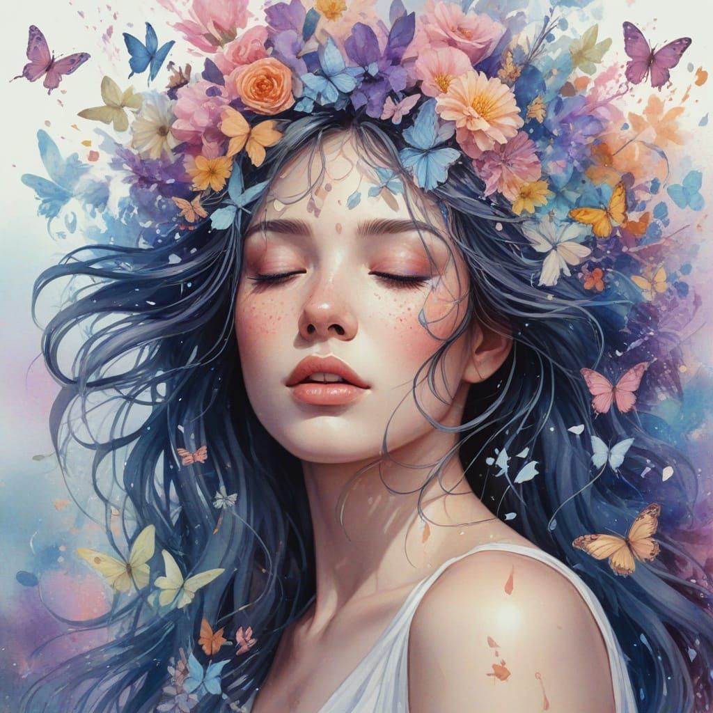 Hyperrealistic Woman in Whimsical Watercolor Art