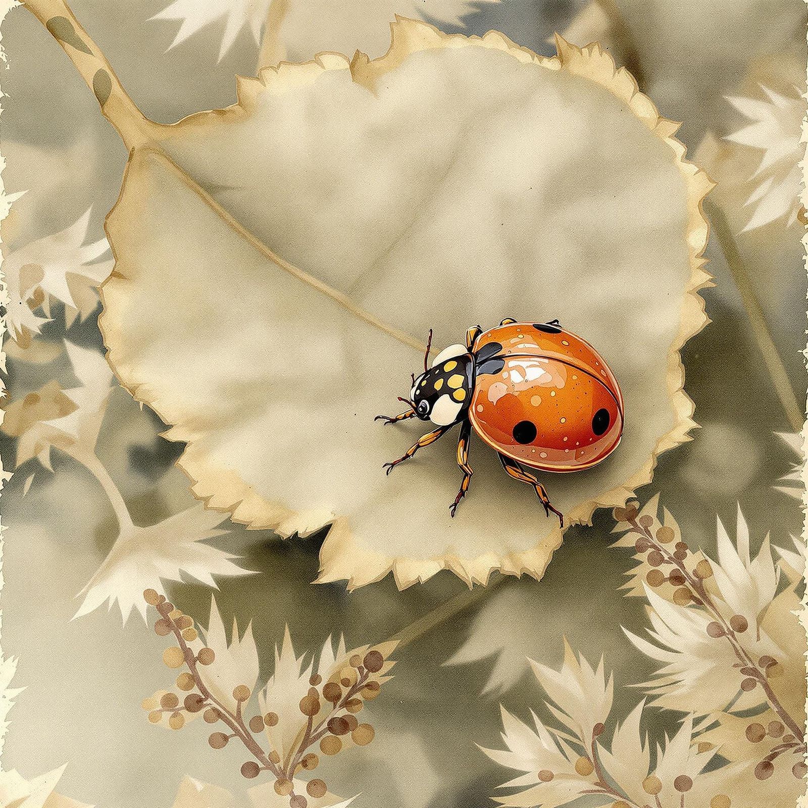 Mariquita sobre una hoja seca