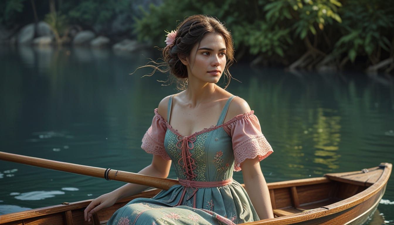 Woman Rowing Boat in Alizarin Crimson Fashion