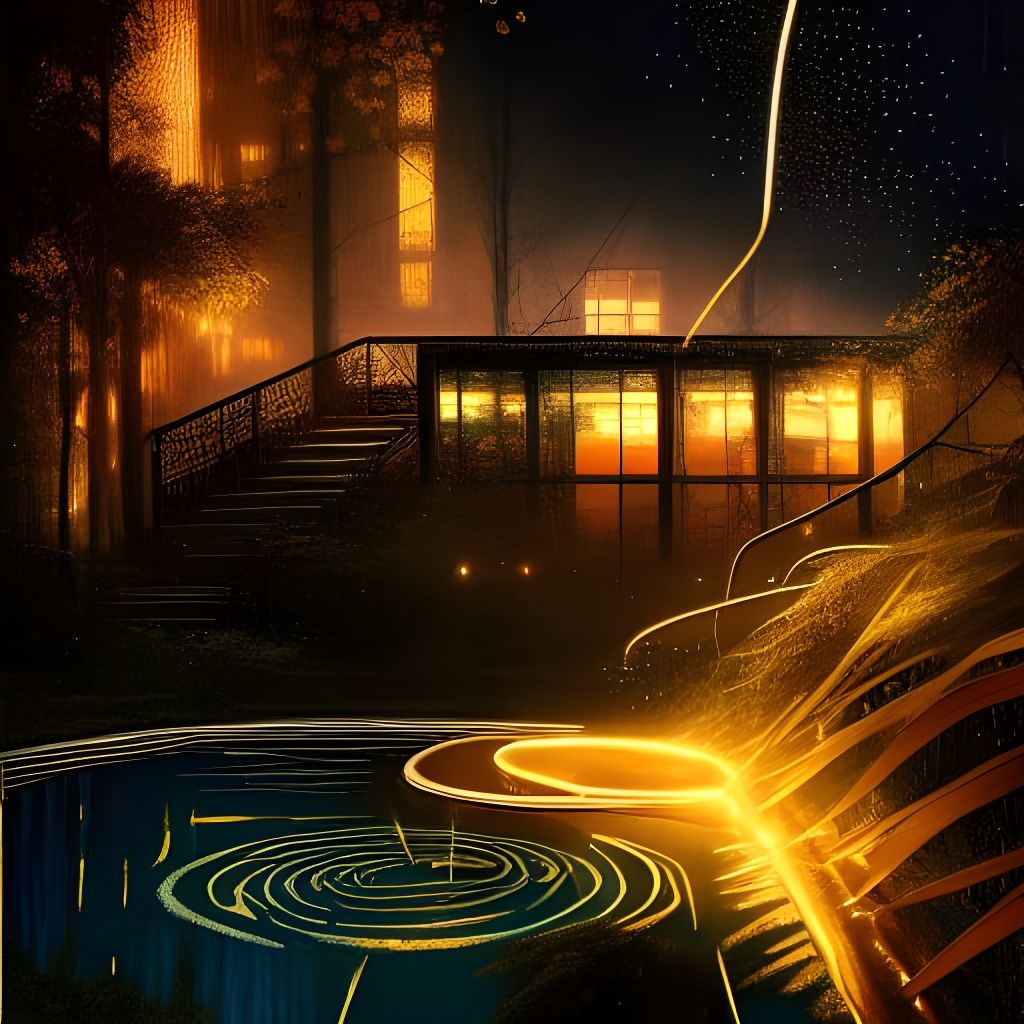 Golden Rain on Moonlit Pool: Fantasy Art