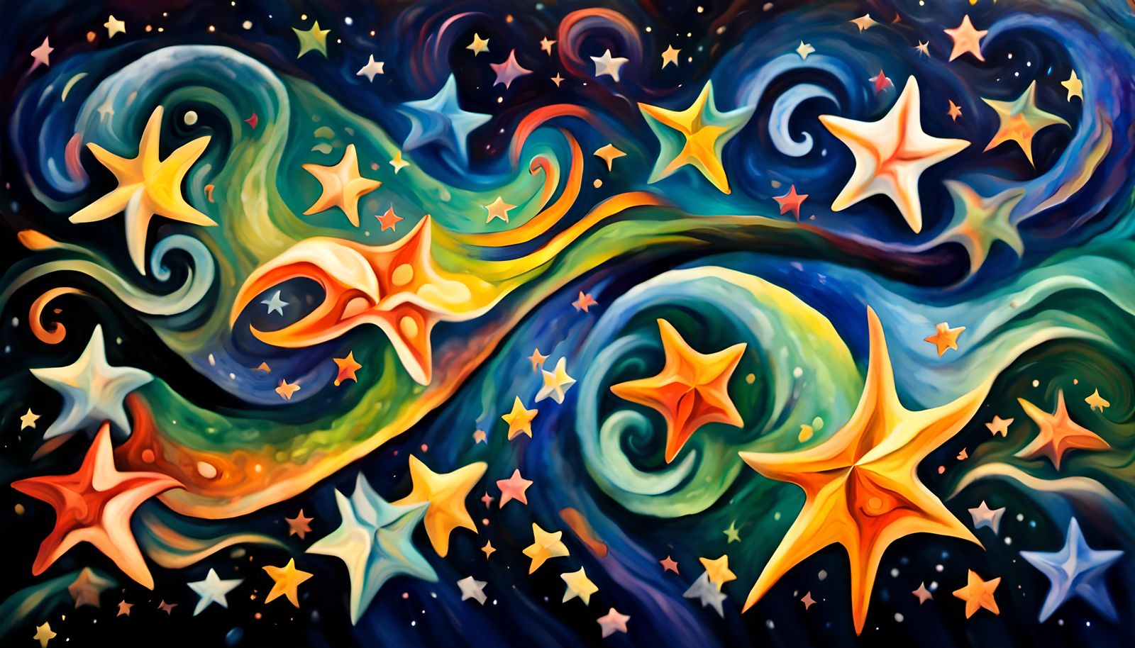 Swirling Stars Dance in Iridescent Cosmic Oil Painting