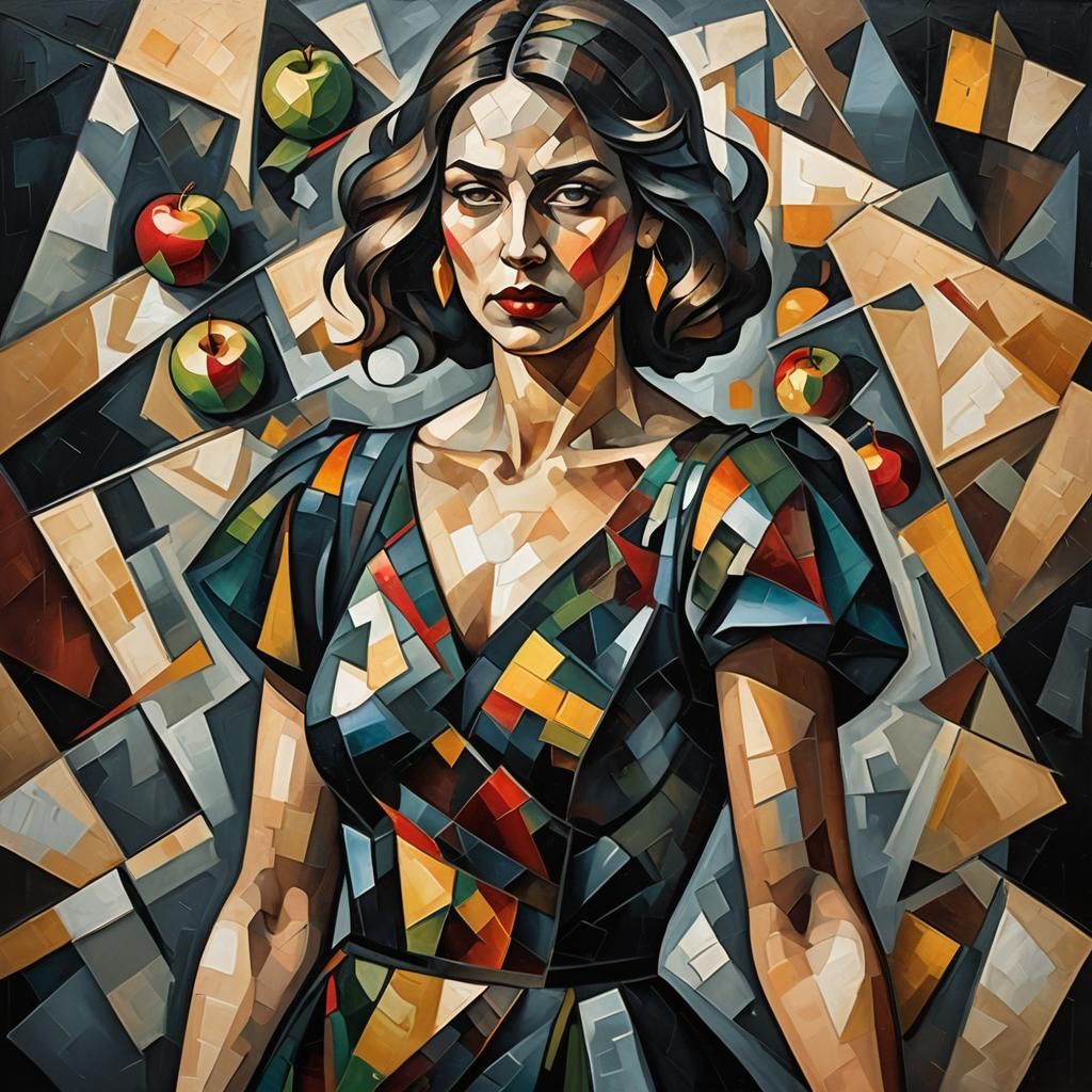 Cubist Woman at Crossroads with Apple