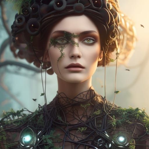 Cyberpunk Woman with Vines and Dandelions