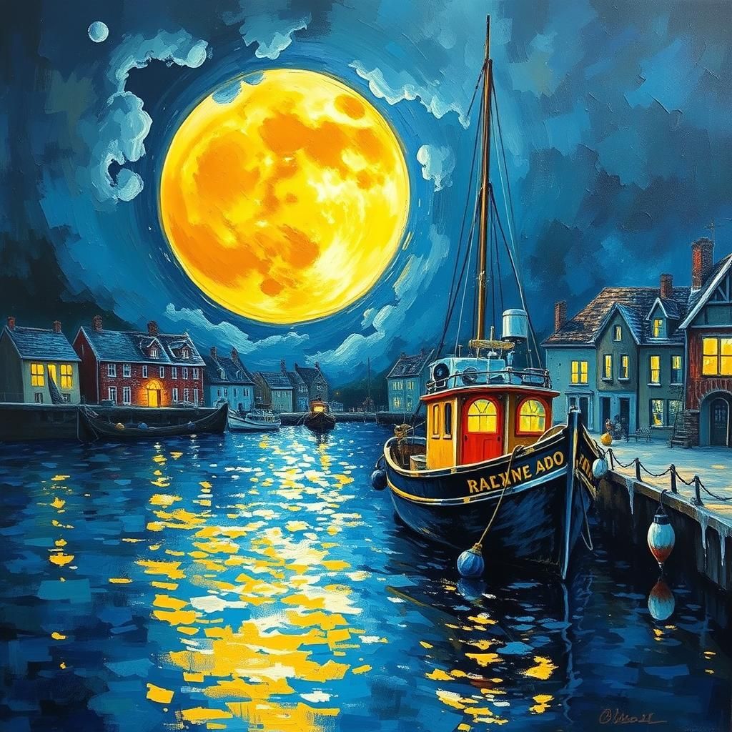 Vaporwave Moon Over Fishing Town, Oil Painting