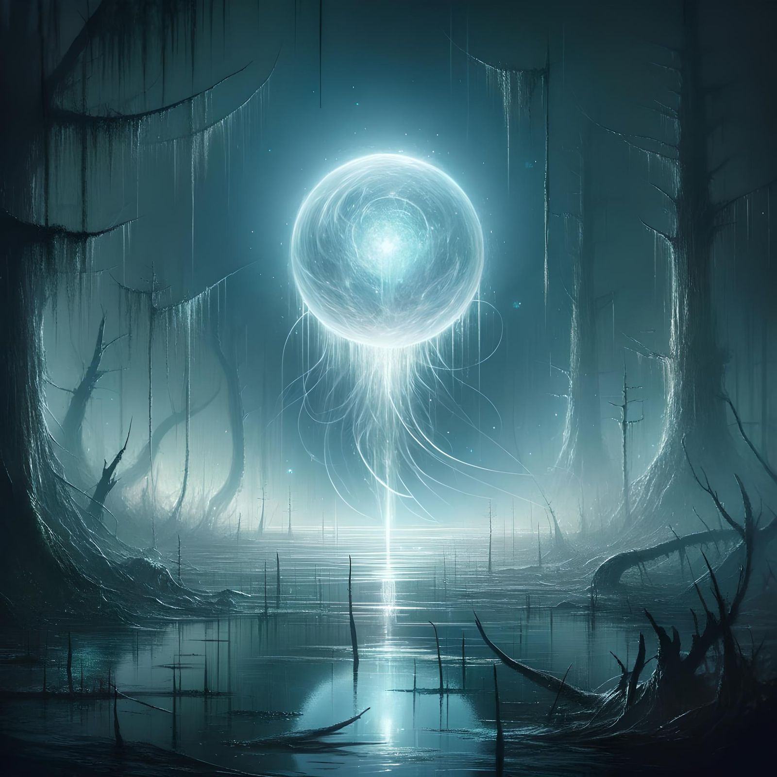 Ethereal Glowing Orb in a Dark Swamp