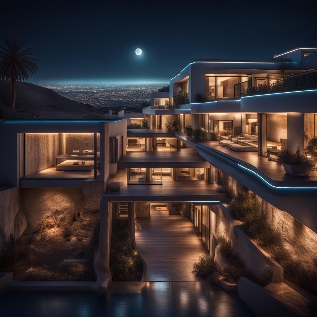 Futuristic Underground Mediterranean Mansion at Night