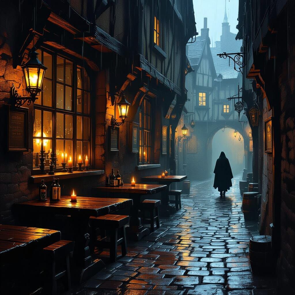 Cozy Tavern Interior with Rainy Alleyway View