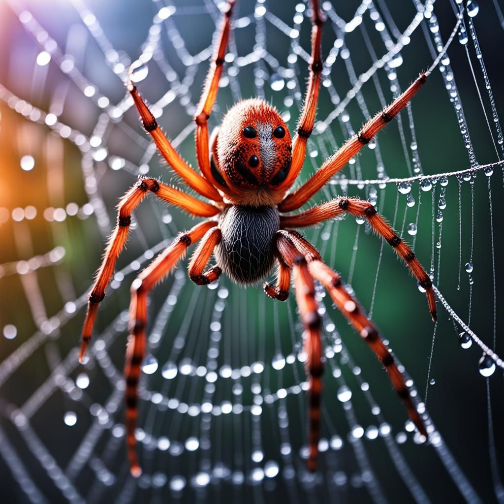 Christmas Spider on Web with Raindrops