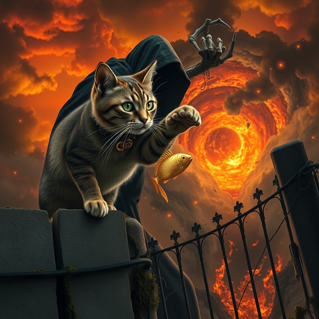 Majestic Cat Pounces on Golden Fish Toy as Death Looks On