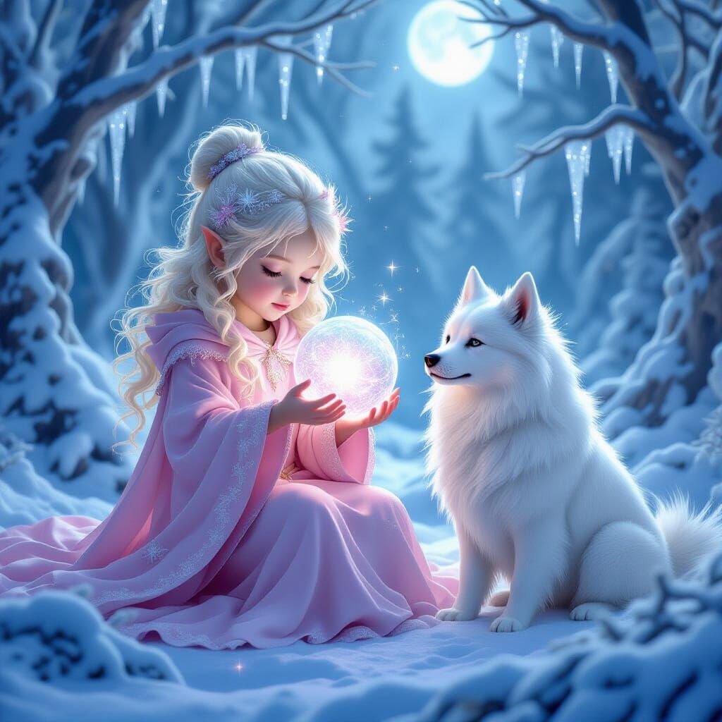 a mystical frost spirit child with luminous golden curls, dr...