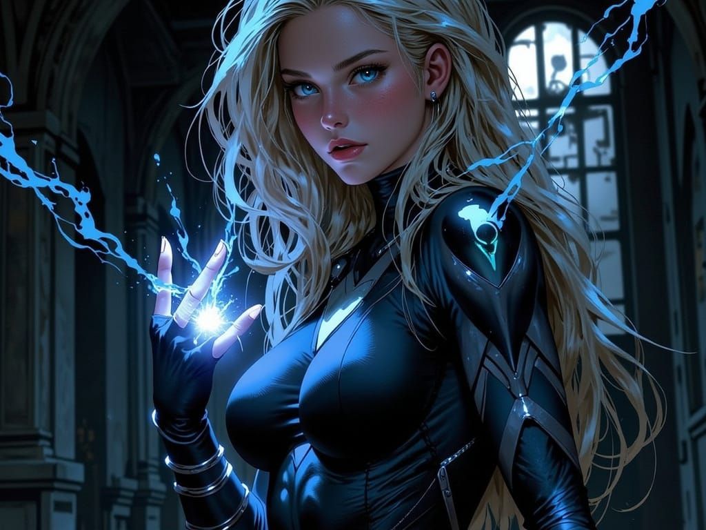 Powerful Woman in Warehouse with Electric Fingers