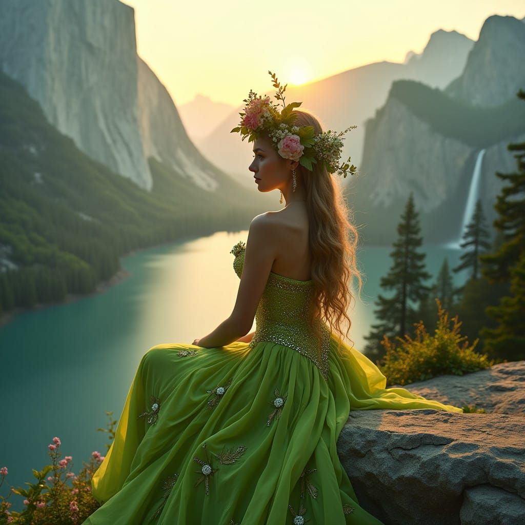 Surreal, High-Fashion Portrait of a Woman in a Lime Green Go...