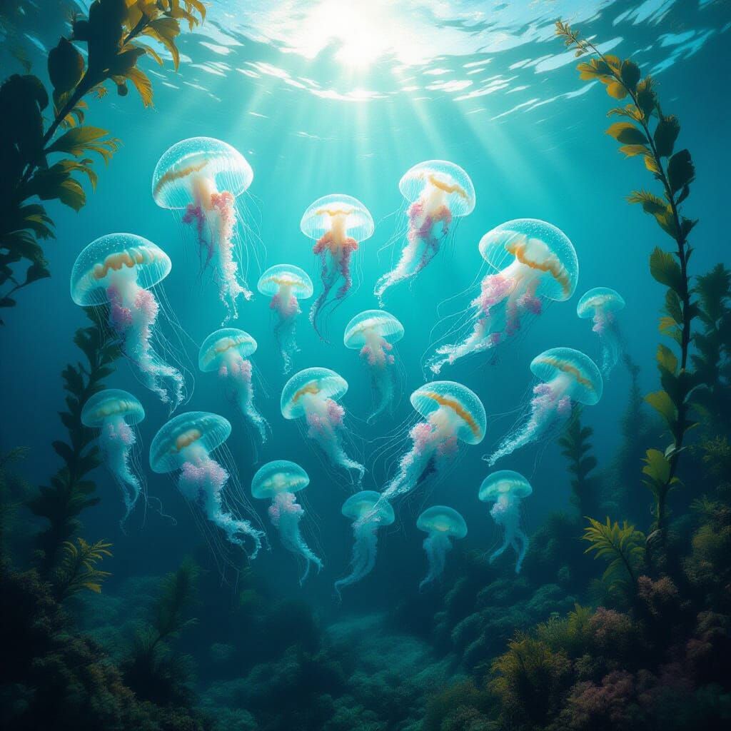Jellyfish School Drifting Through Kelp Forest