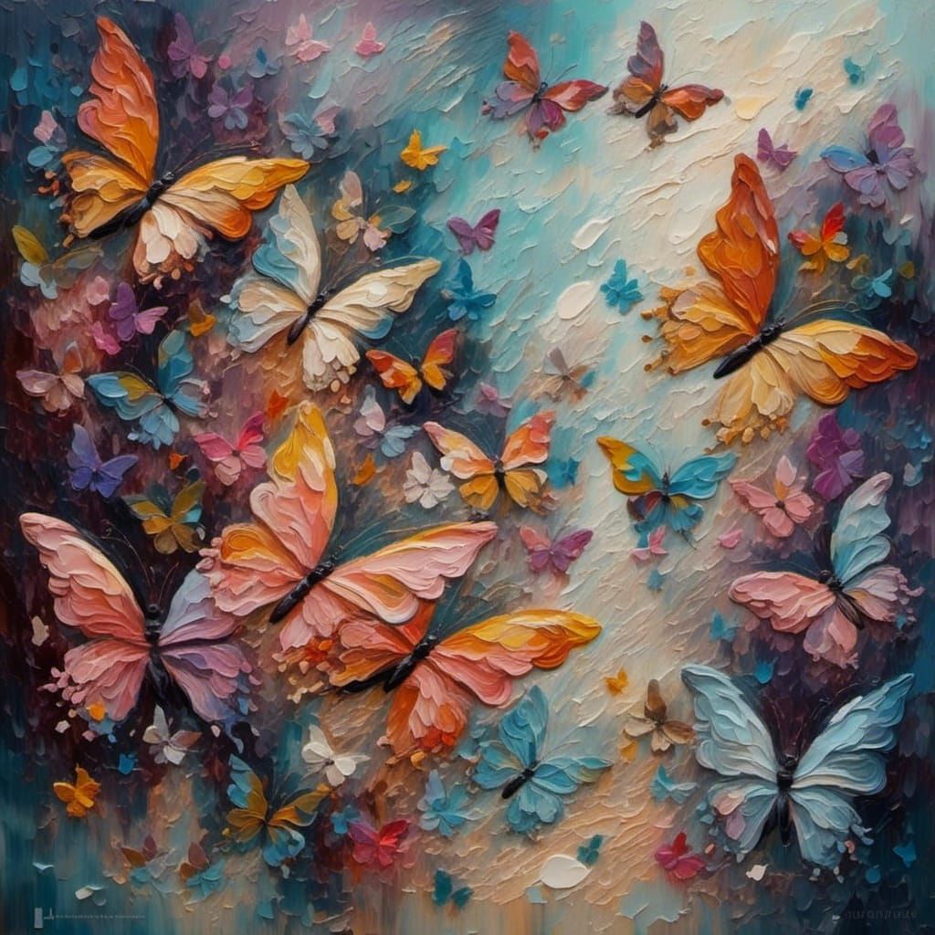 Colorful Butterflies in Whimsical Impasto Painting