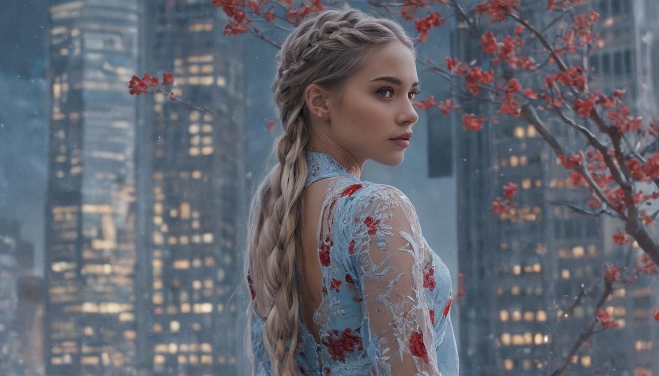 Woman with Braids on Skyscraper in Galaxy Atmosphere