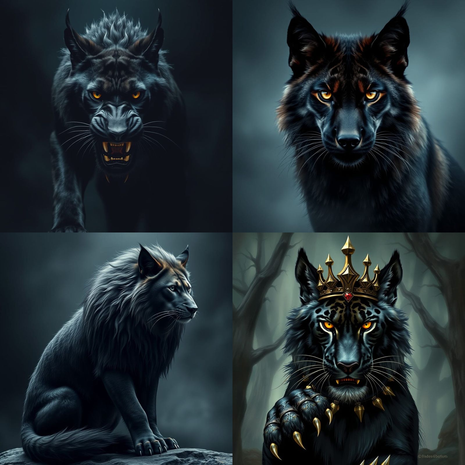 Majestic Wolf-Cat King in Dark, Striking Style