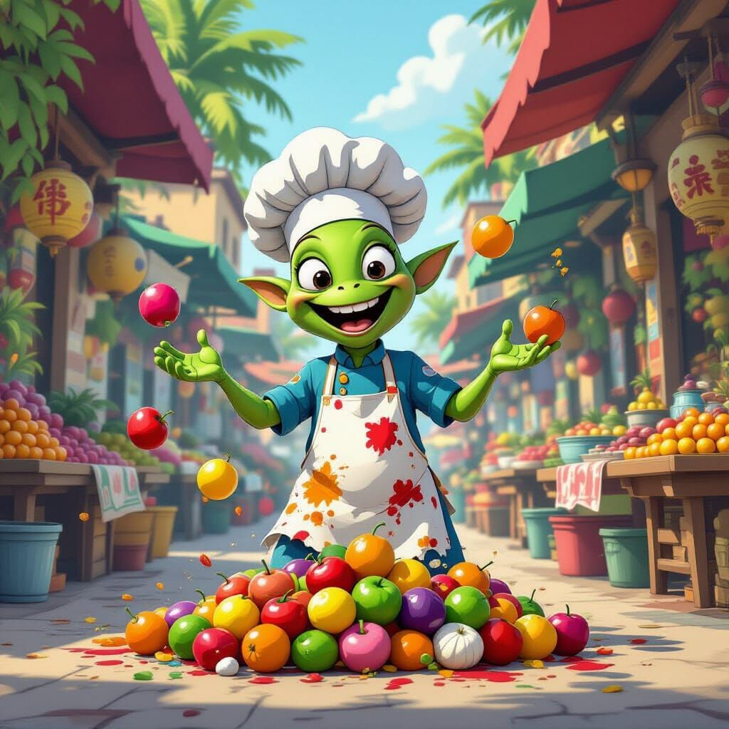 Alien Chef's Fruit Juggle Fiasco in Cartoon Style