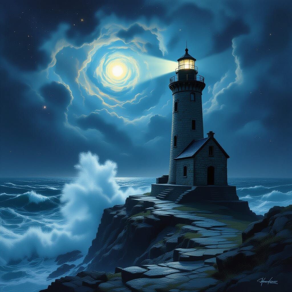 Ancient Lighthouse Braving Stormy Seas and Cosmic Skies