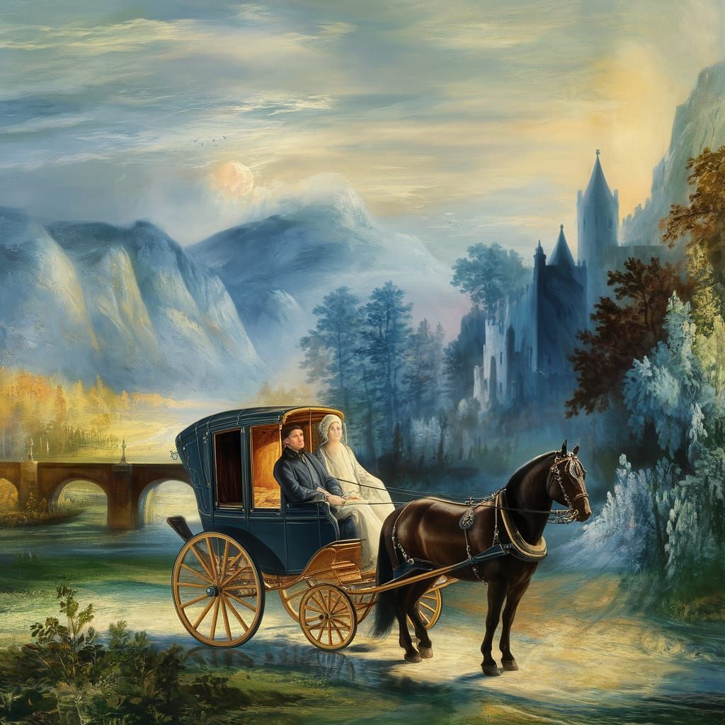 Epic Moonlit Scene with Horse-Drawn Carriage and Castle