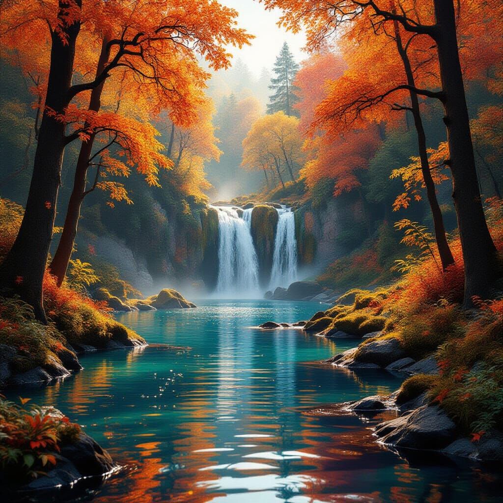 Autumn Forest Waterfall Landscape in Vibrant Colors