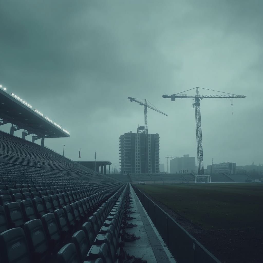 Dystopian Stadium Construction Crane in Cinematic Style