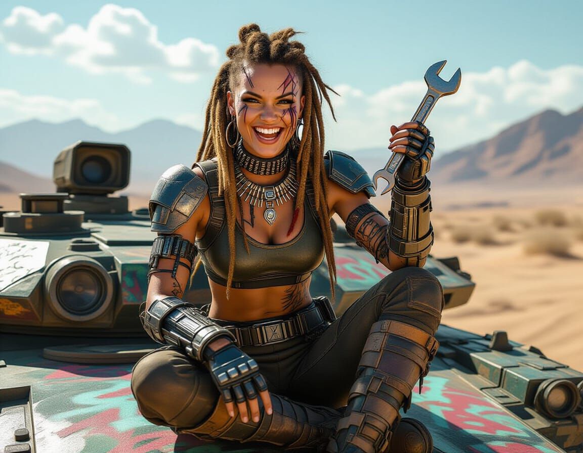 Cyberpunk Warrior Laughing on Battle Tank