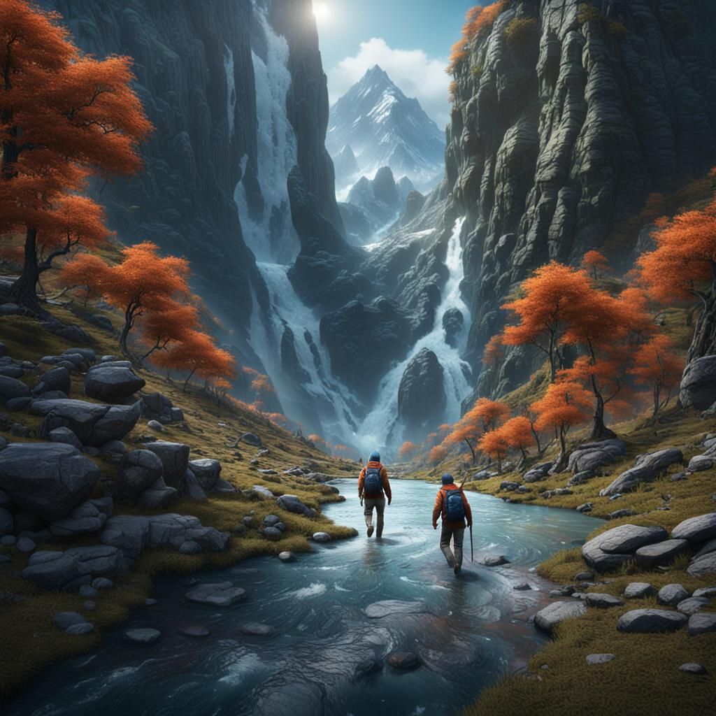 Man Ascending Mountain Stream in Detailed Matte Painting