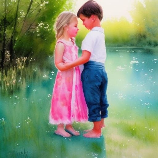 Slavic Children in Summer Night, Watercolor Style