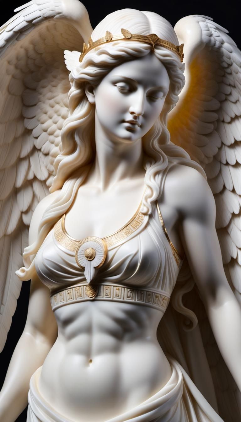 Hyperrealistic alabaster sculpture of Greek goddess Niké