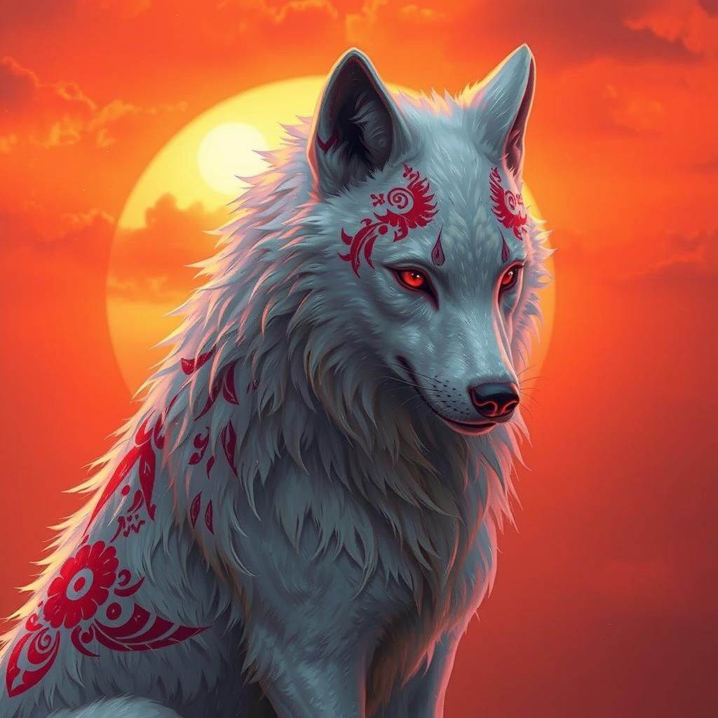 Majestic White Wolf with Red Markings in Anime Style
