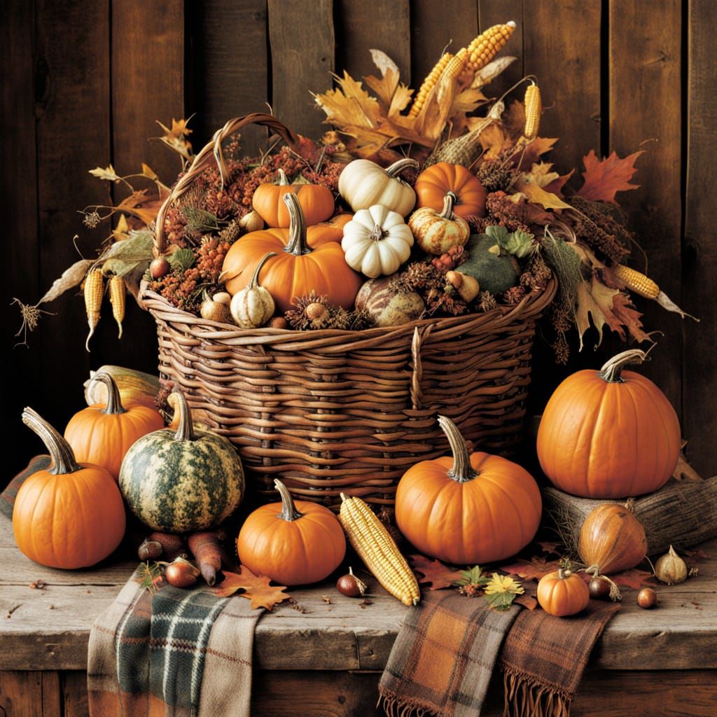 Norman Rockwell Style Harvest Basket with Autumn Bounty
