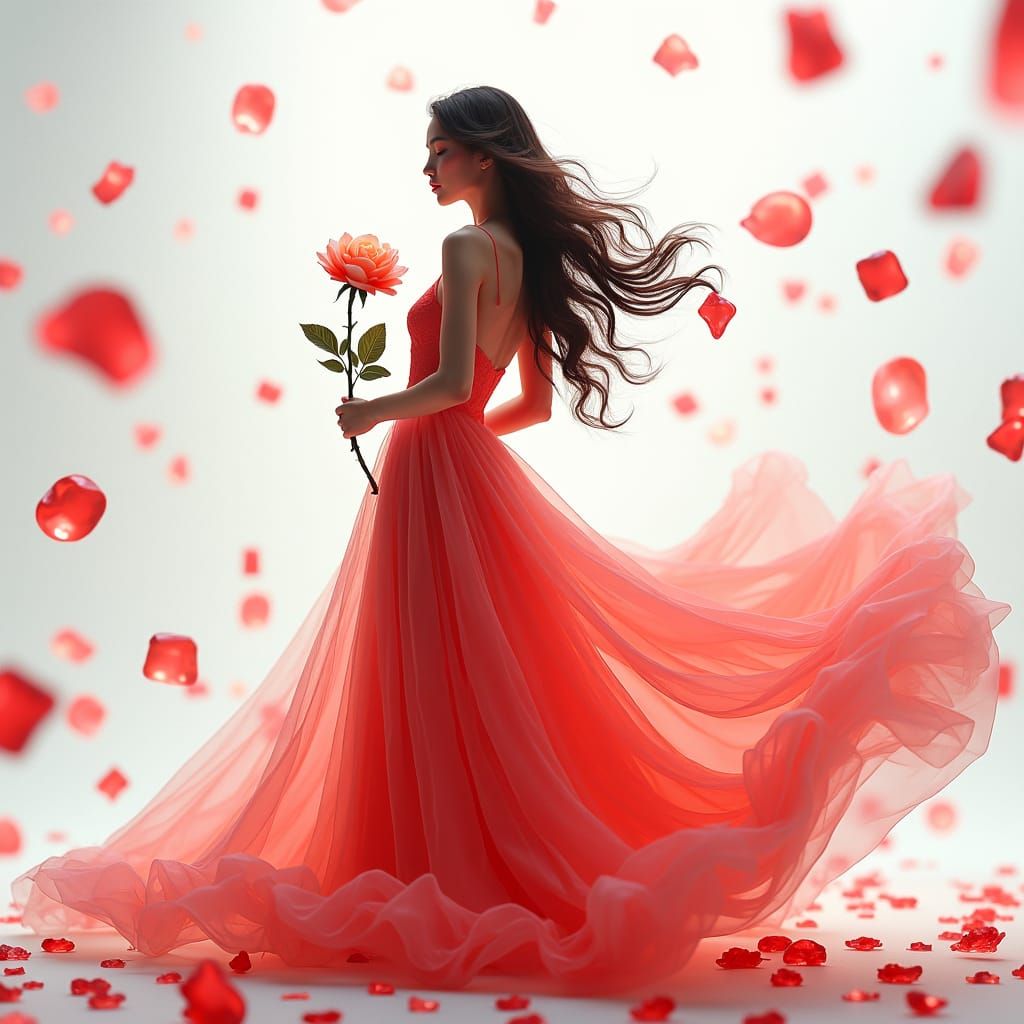 Ethereal Woman with Rose in Glass Shard Sea