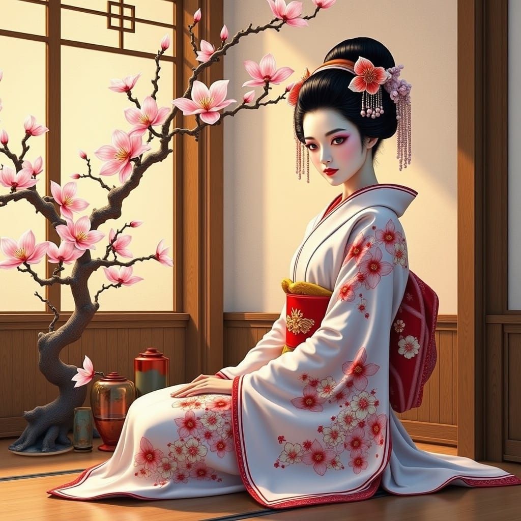 Geisha in Ukiyo-e Style with Watercolor Textures