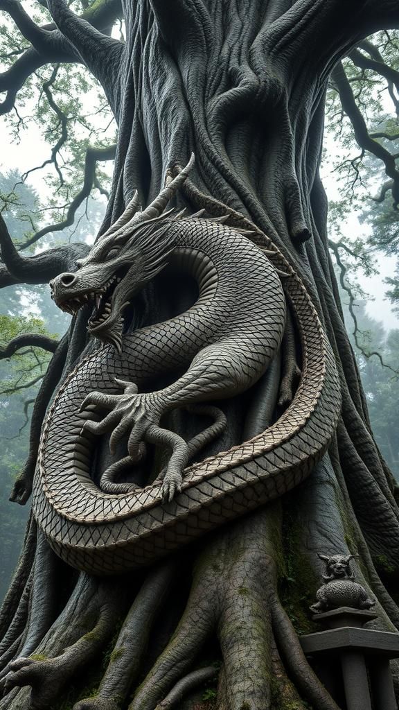 Magnificent Dragon Carving on Ancient Living Tree