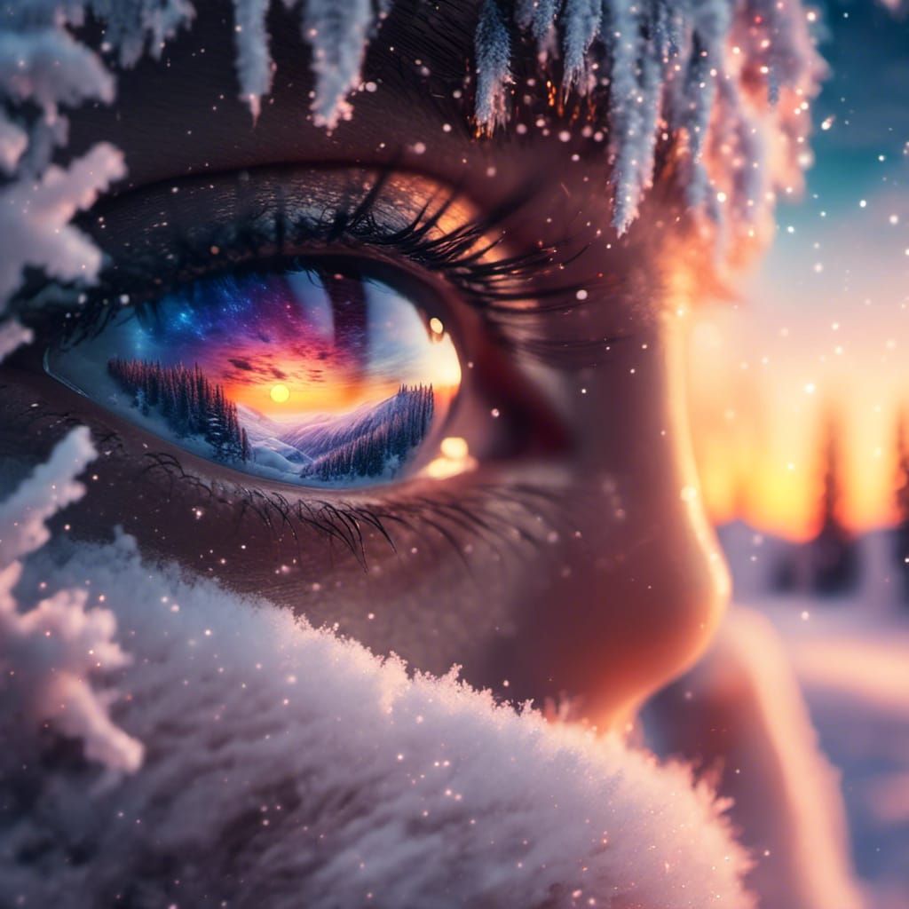 Double Exposure Eye Merged with Winter Sunset