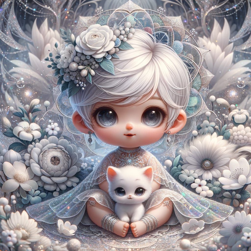 Cute Baby Gnome Girl with Kitten and Flowers in Fantasy Styl...
