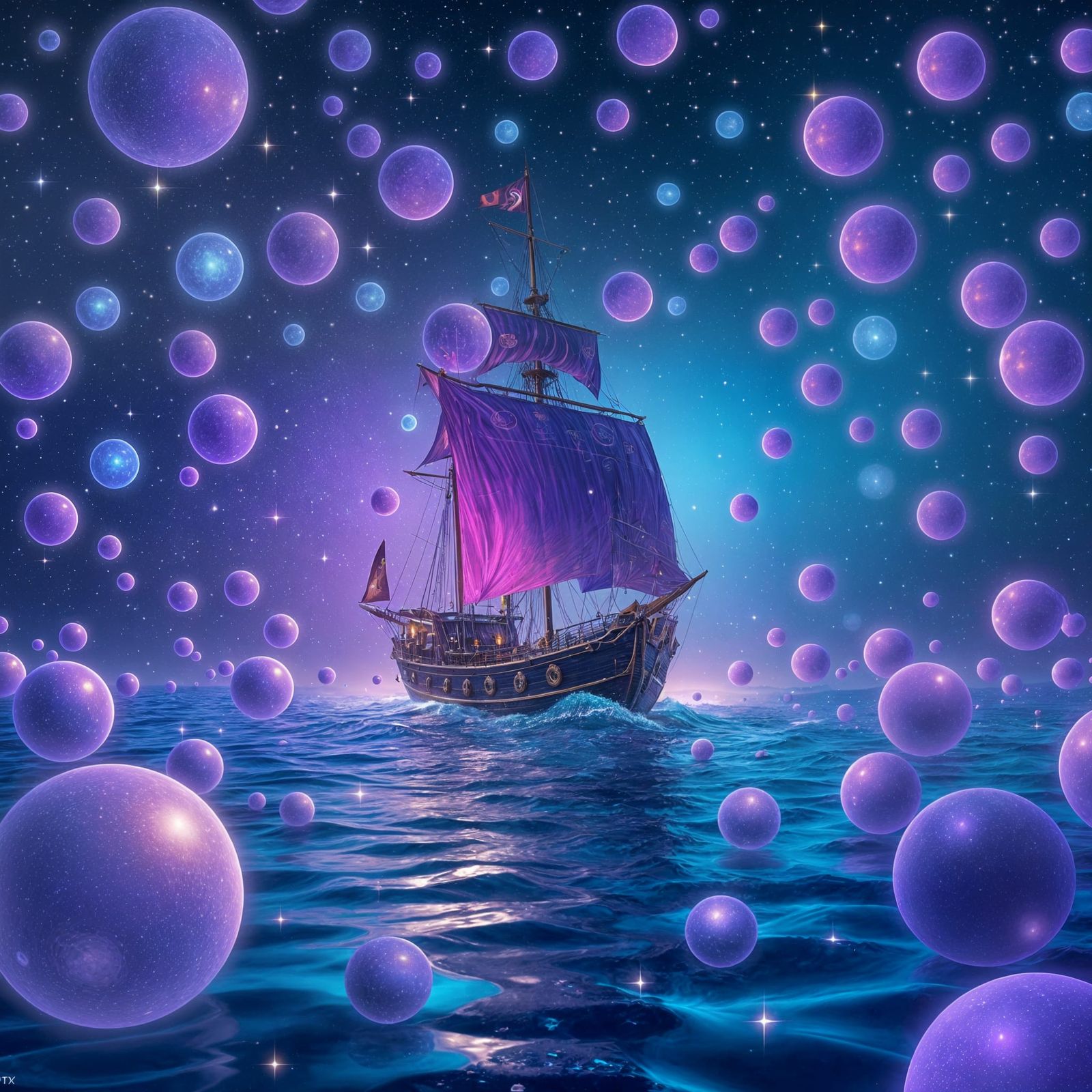 Pirate Ship Navigates Star-Filled Dreamscape Ocean