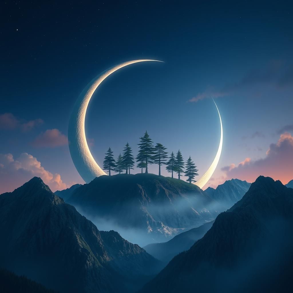 Fantastical Crescent Moon Landscape in Detailed Matte Painti...