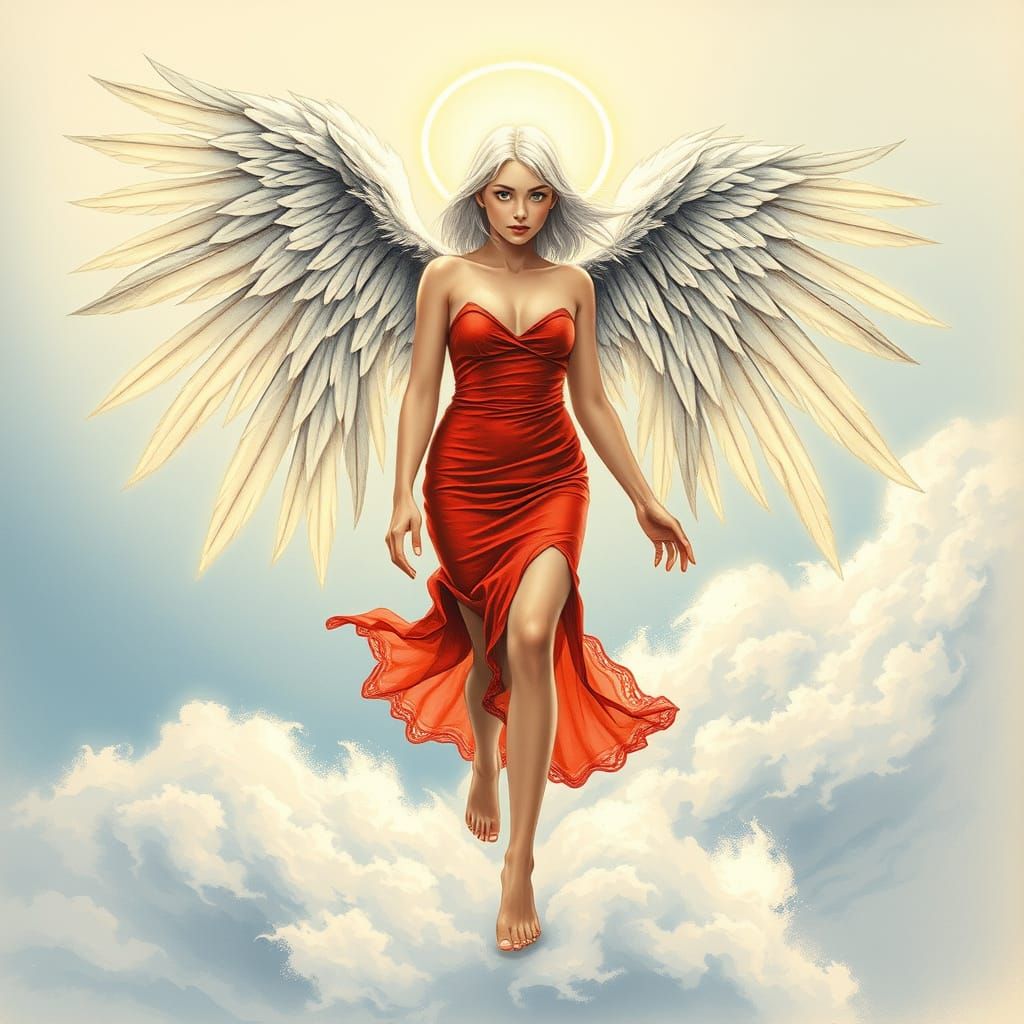 Angel of Elysium in Crimson Skirt on Cloudy Sky