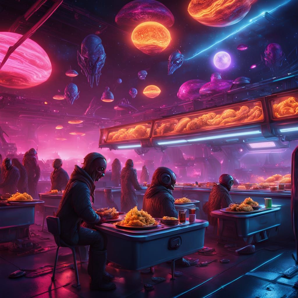 Diverse Aliens Gather at a Futuristic Ramen Food Stall in Sp...