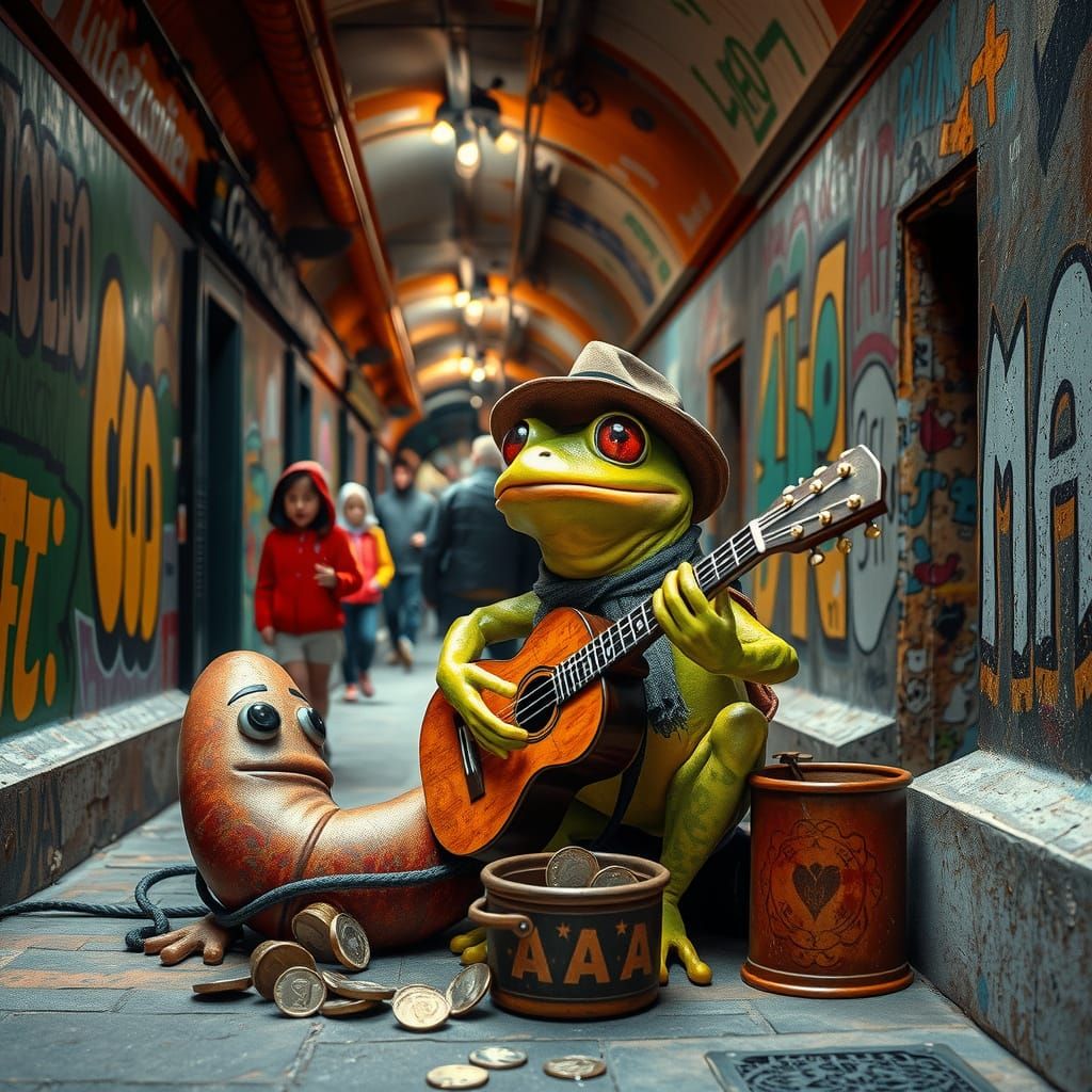 Frog Busker Plays Guitar in Underground Passage