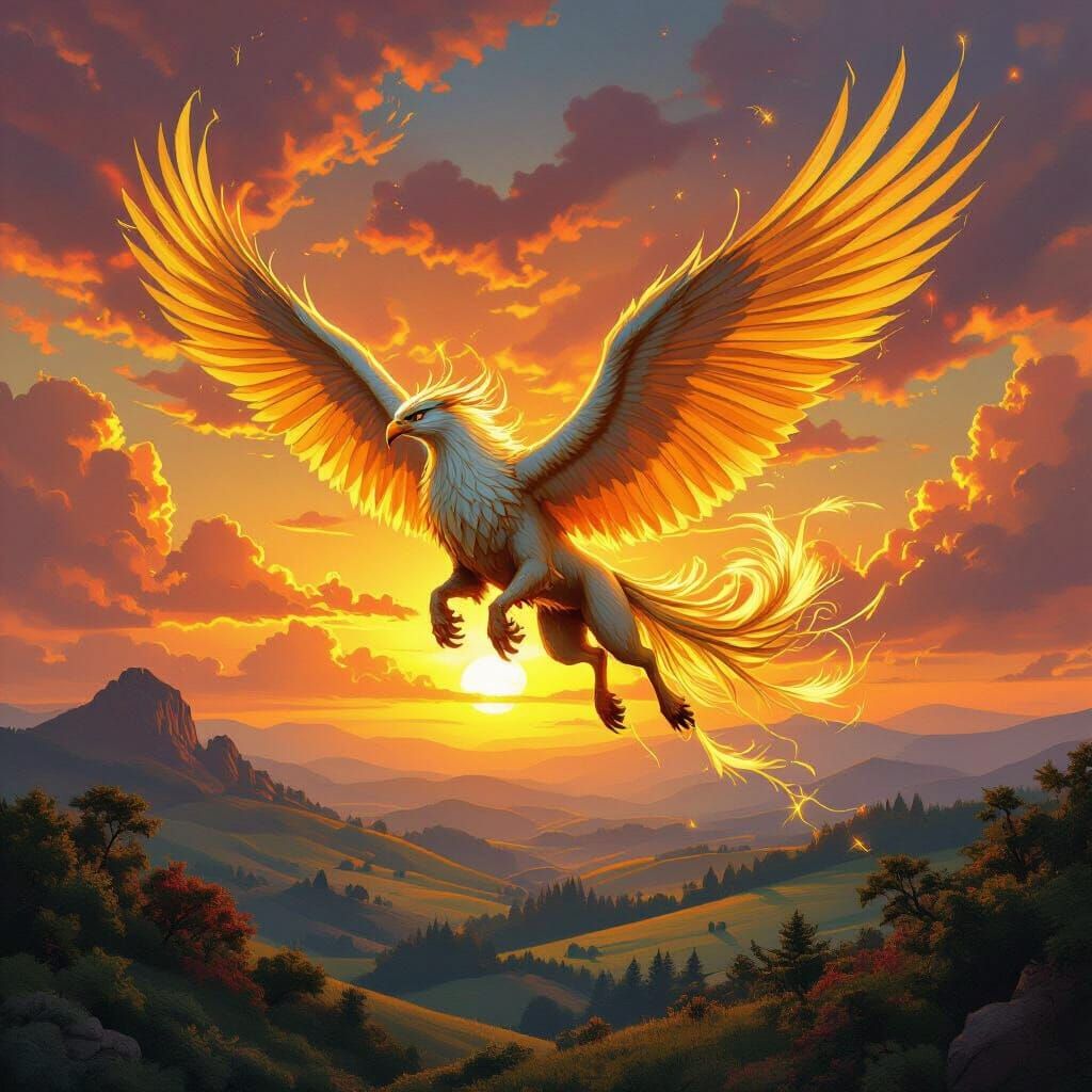 Griffin Soaring Through Sunset Sky in Fantasy Art Style