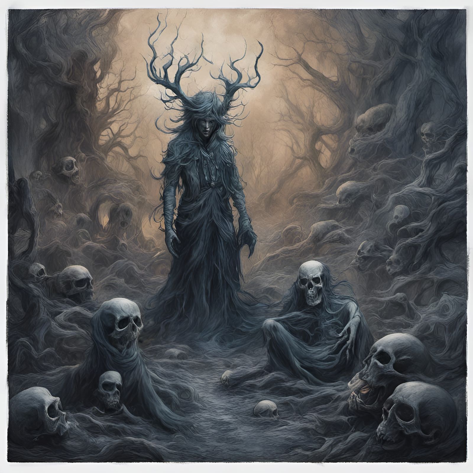 Demonic Figures in Deep Blue Mist, Eerie Style