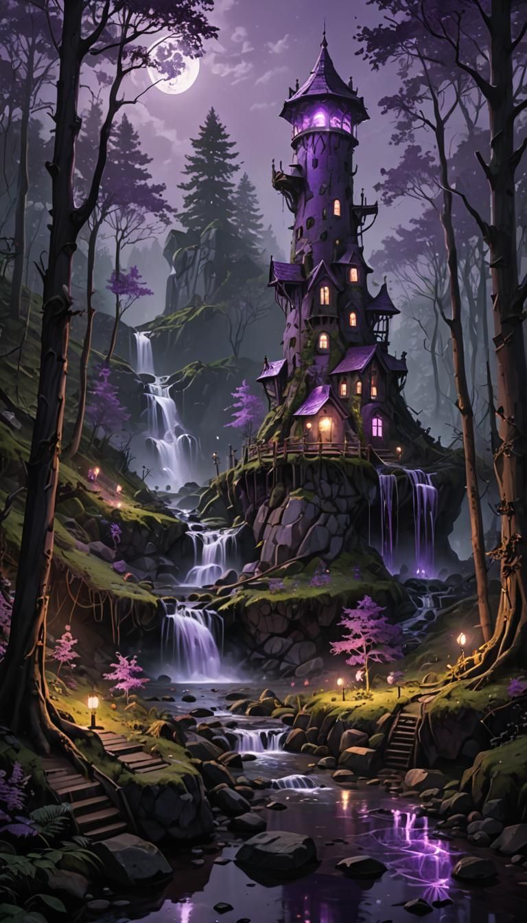 Eerie Forest With Purple Tower and Waterfall